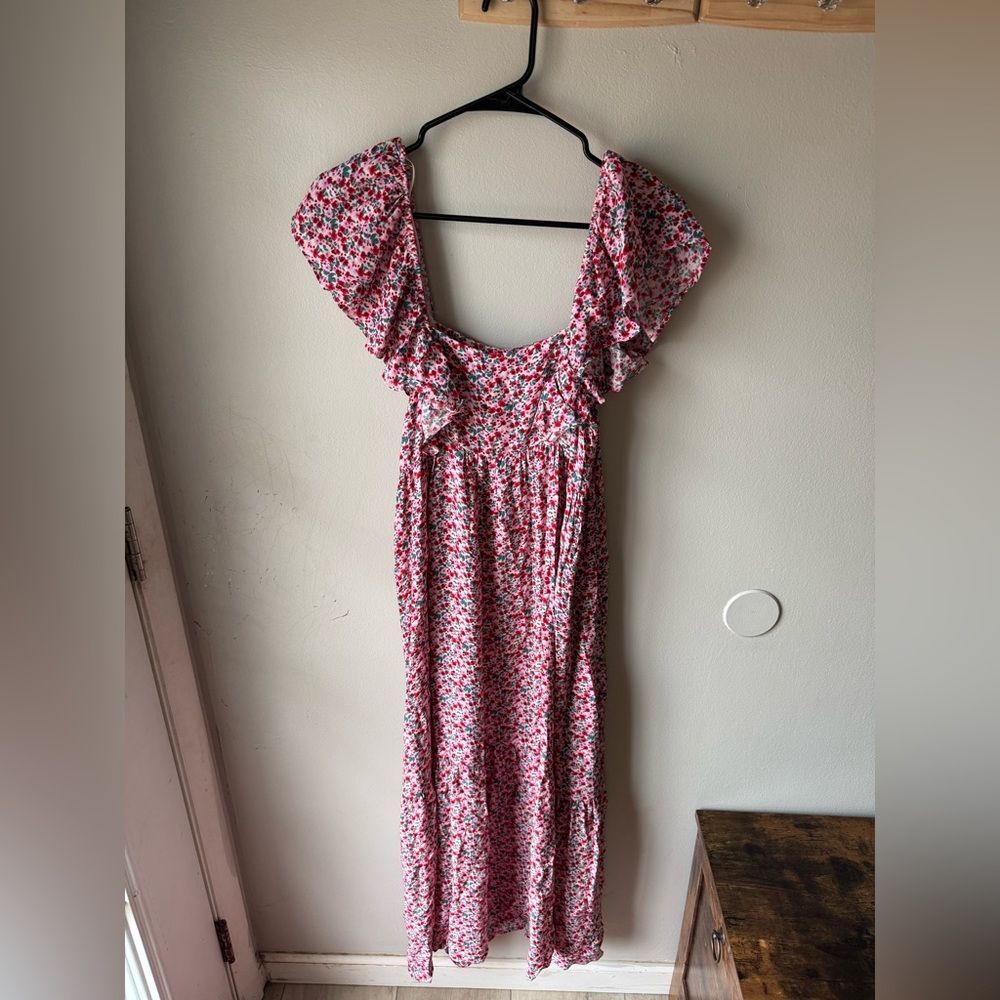 Zara Ruffled Red & Pink Floral Midi Dress - Pink Red Multi - Size M